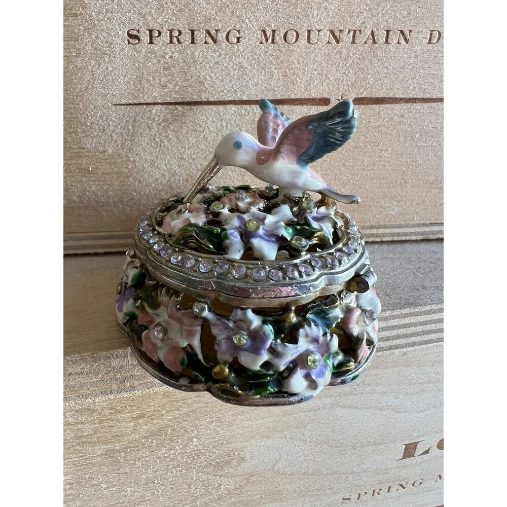 Ornate Hummingbird Trinket Box Small Metal Acrylic Pill Ring Holder  Rhinestone